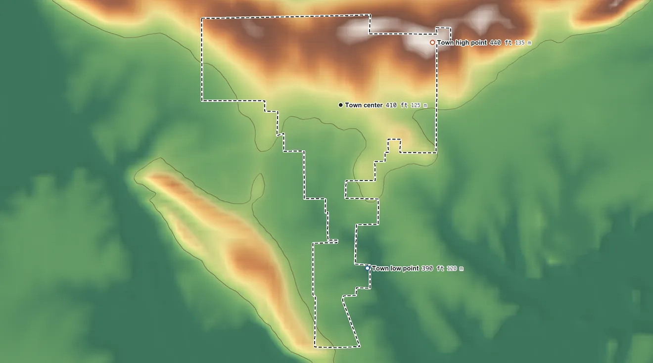 Topographic elevation map of Tennyson, Indiana, shaded from 390 ft on the south side to 440 ft on the northeast side
