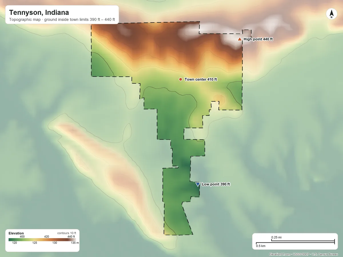 Topographic elevation map of Tennyson, Indiana, shaded from 390 ft on the south side to 440 ft on the northeast side