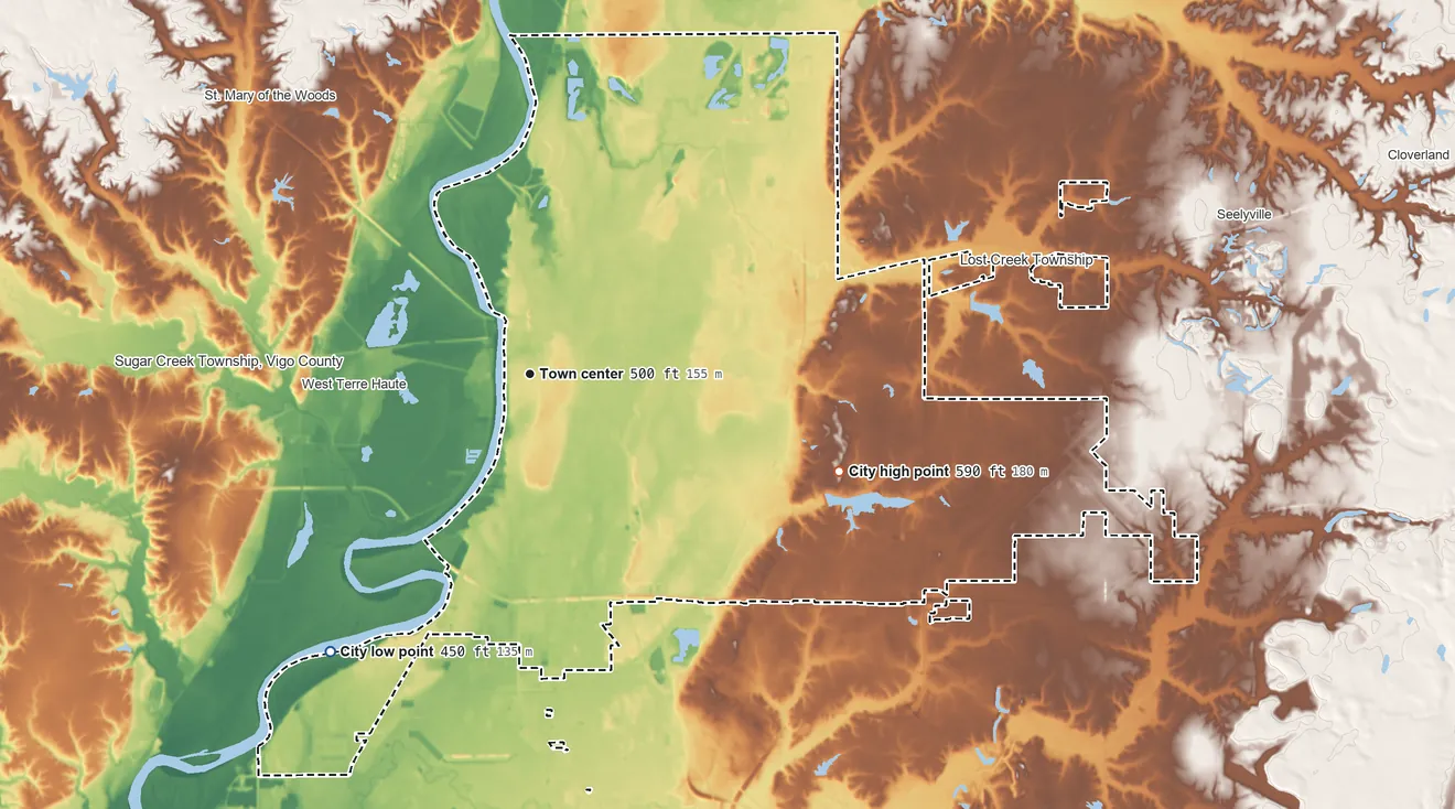 Topographic elevation map of Terre Haute, Indiana, shaded from 450 ft on the southwest side to 590 ft on the east side