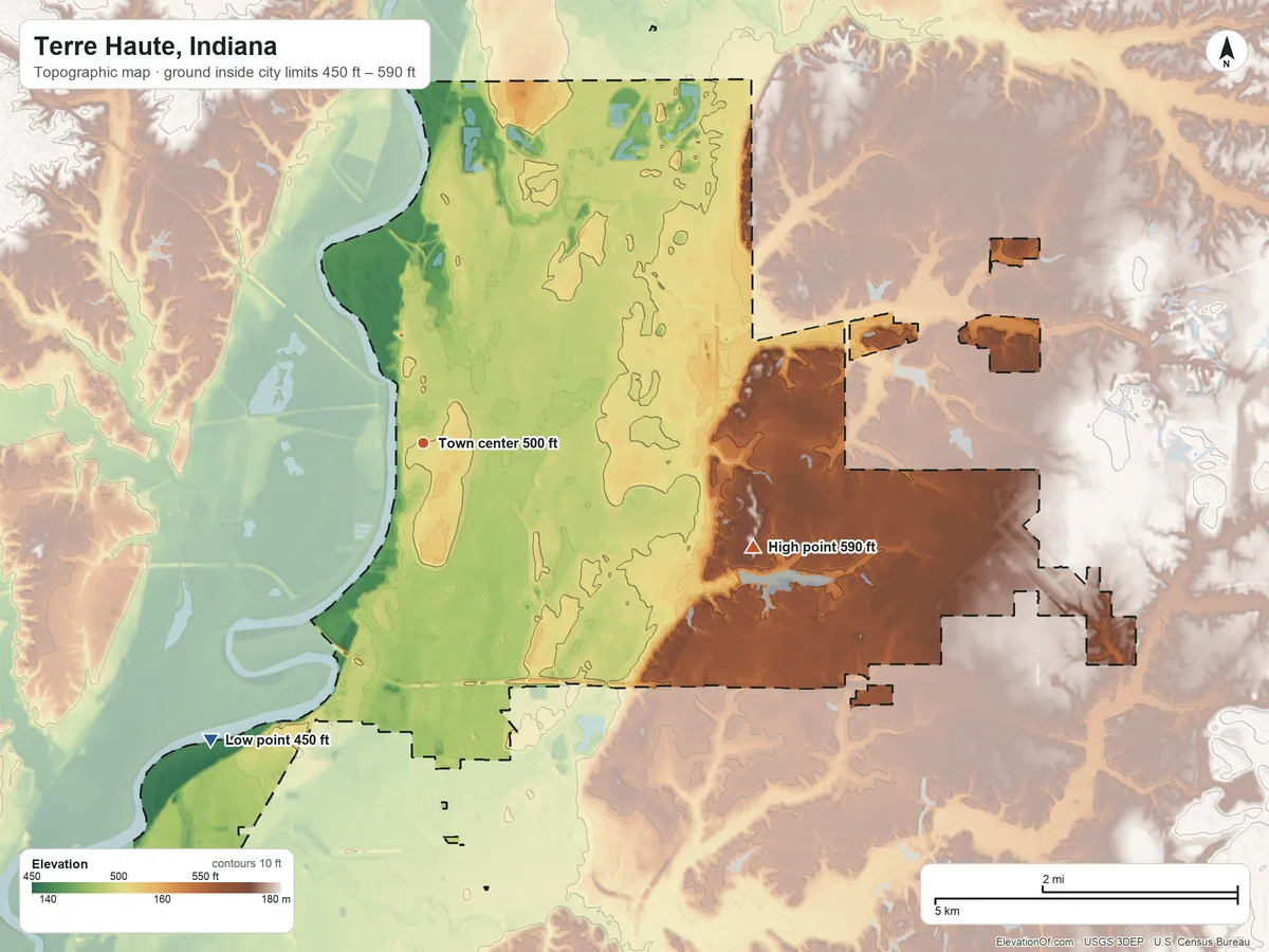 Topographic elevation map of Terre Haute, Indiana, shaded from 450 ft on the southwest side to 590 ft on the east side