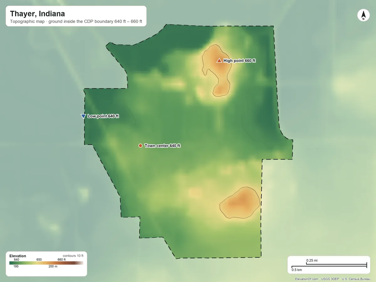 Topographic elevation map of Thayer, Indiana, shaded from 640 ft on the northwest side to 660 ft on the northeast side