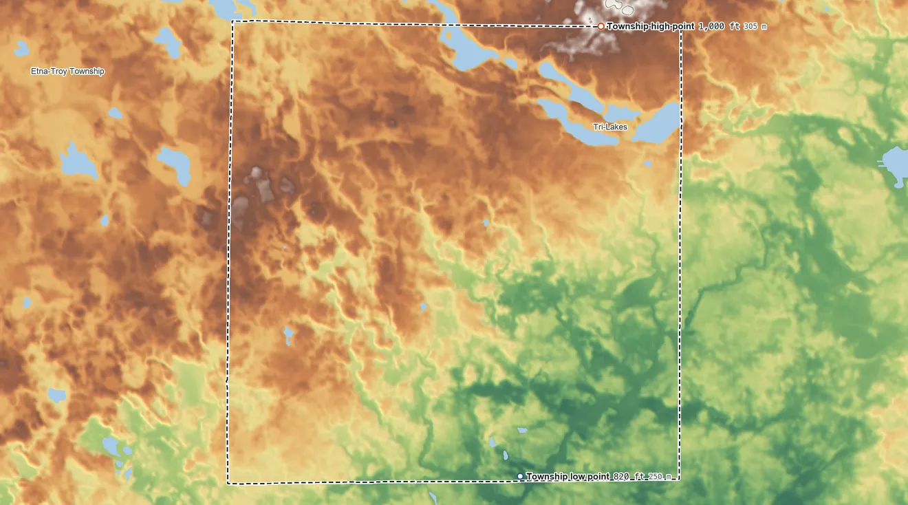 Topographic elevation map of Thorncreek Township, Indiana, shaded from 820 ft on the south side to 1,000 ft on the northeast side