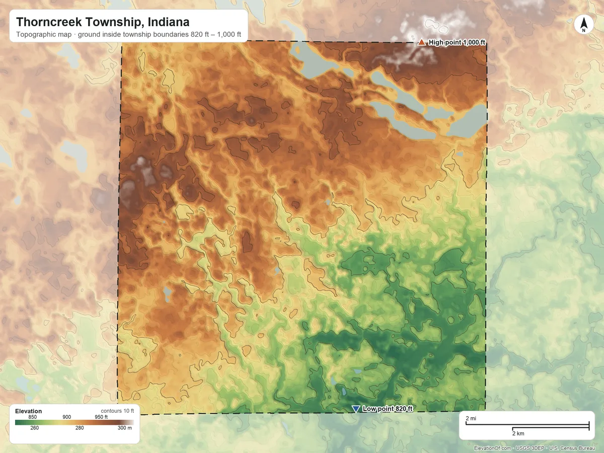 Topographic elevation map of Thorncreek Township, Indiana, shaded from 820 ft on the south side to 1,000 ft on the northeast side