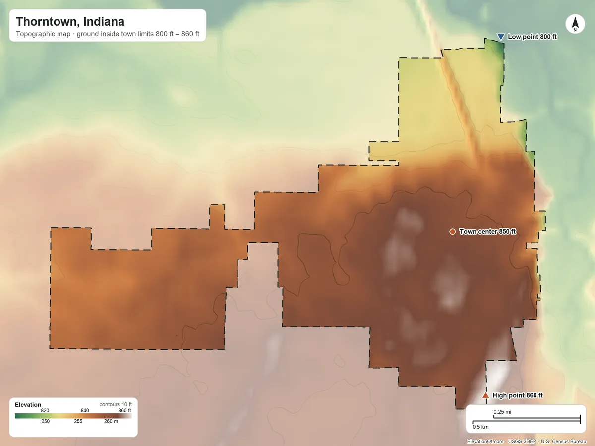 Topographic elevation map of Thorntown, Indiana, shaded from 800 ft on the north side to 860 ft on the south side