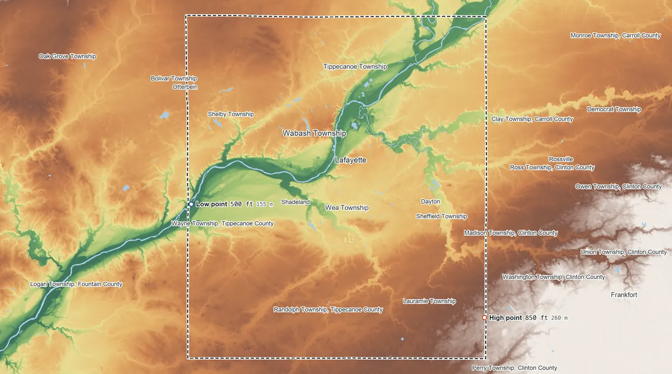 Topographic elevation map of Tippecanoe County, Indiana, shaded from 500 ft on the west side to 850 ft on the southeast side