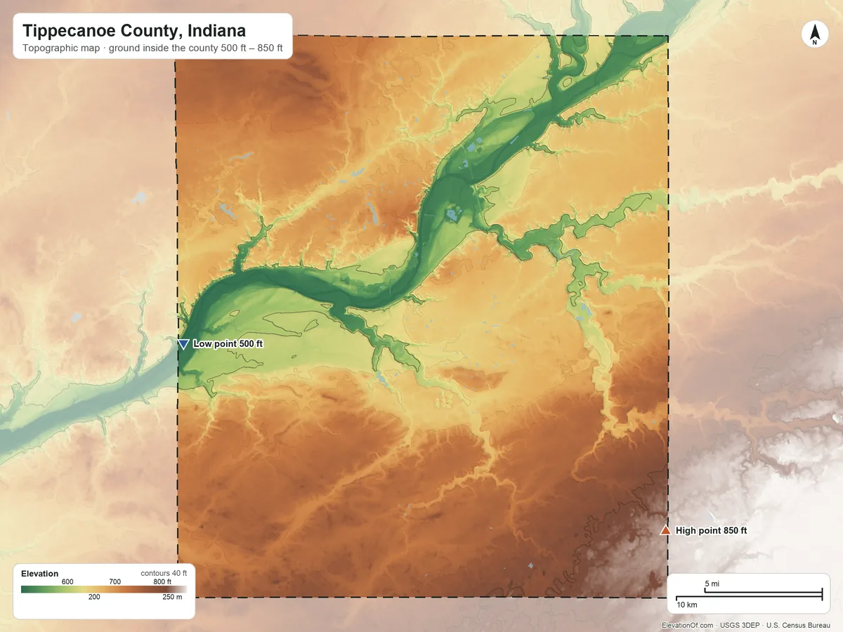 Topographic elevation map of Tippecanoe County, Indiana, shaded from 500 ft on the west side to 850 ft on the southeast side