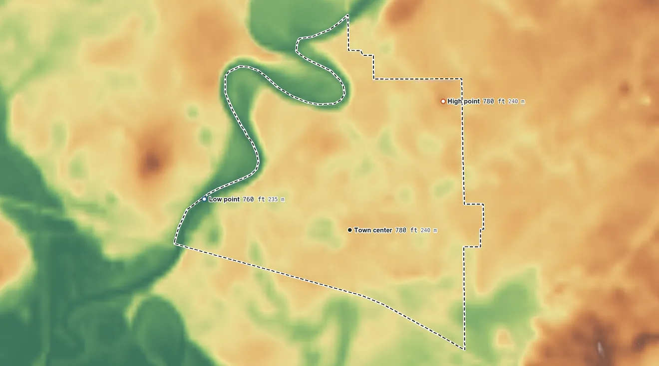 Topographic elevation map of Tippecanoe, Indiana, shaded from 760 ft on the west side to 780 ft on the northeast side