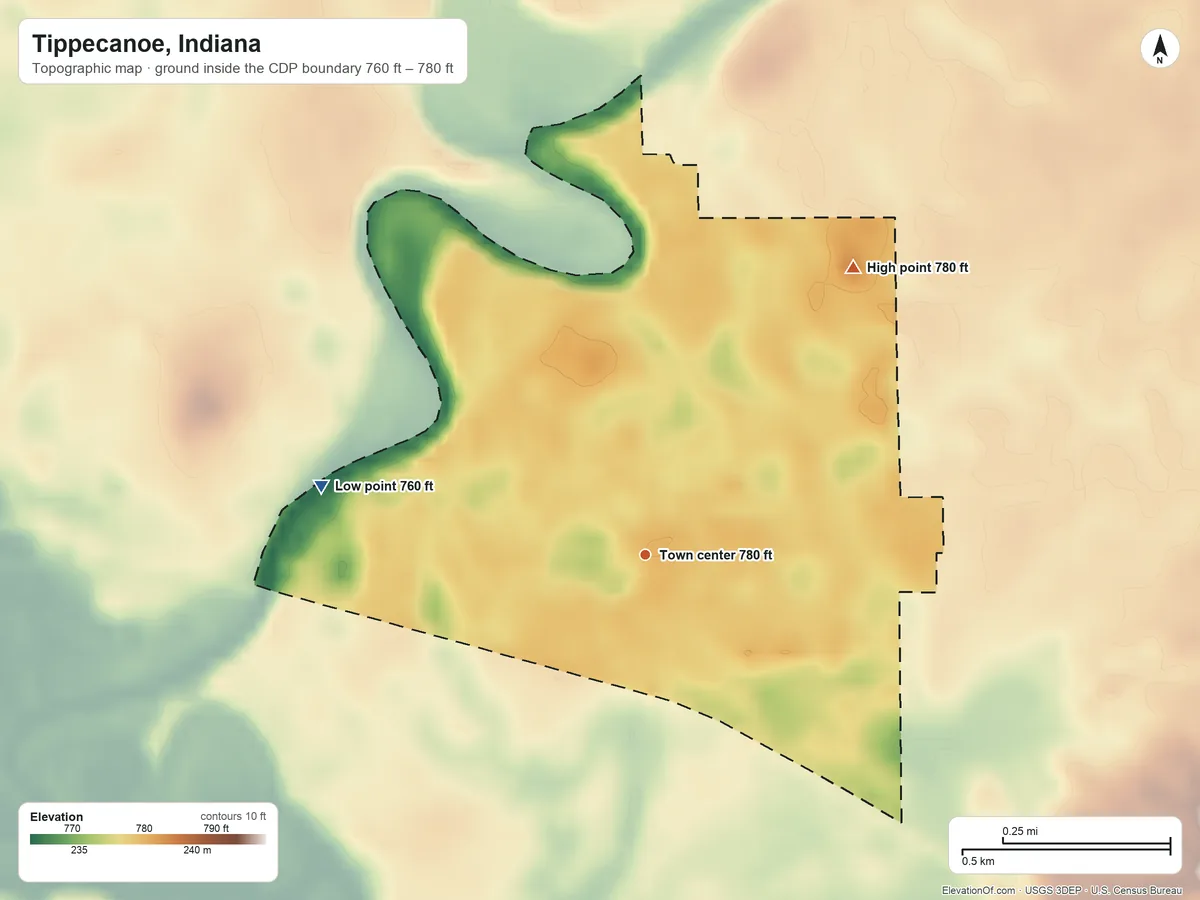 Topographic elevation map of Tippecanoe, Indiana, shaded from 760 ft on the west side to 780 ft on the northeast side