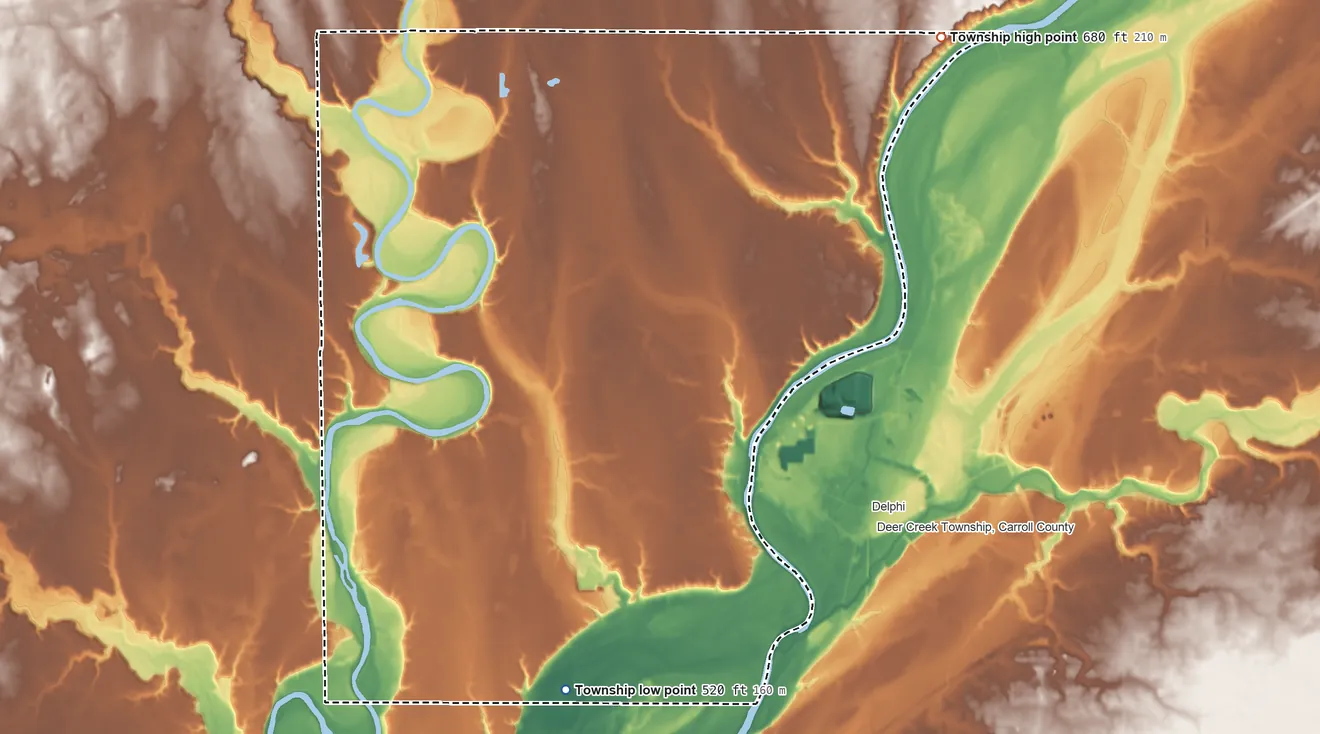 Topographic elevation map of Tippecanoe Township, Carroll County, Indiana, shaded from 520 ft on the south side to 680 ft on the northeast side