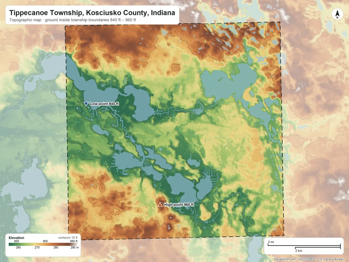 Topographic elevation map of Tippecanoe Township, Kosciusko County, Indiana, shaded from 840 ft on the west side to 960 ft on the south side