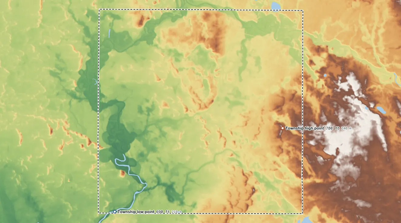 Topographic elevation map of Tippecanoe Township, Pulaski County, Indiana, shaded from 690 ft on the southwest side to 780 ft on the southeast side