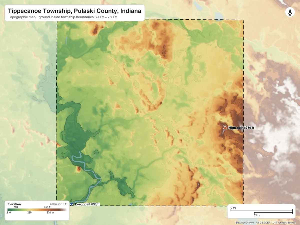 Topographic elevation map of Tippecanoe Township, Pulaski County, Indiana, shaded from 690 ft on the southwest side to 780 ft on the southeast side