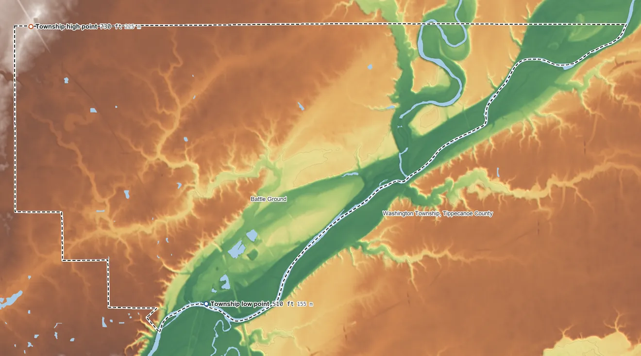 Topographic elevation map of Tippecanoe Township, Indiana, shaded from 510 ft on the south side to 730 ft on the northwest side