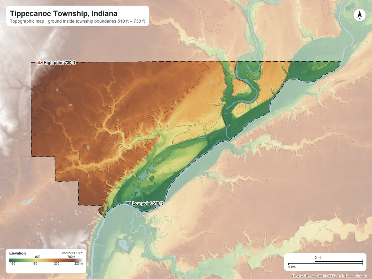 Topographic elevation map of Tippecanoe Township, Indiana, shaded from 510 ft on the south side to 730 ft on the northwest side