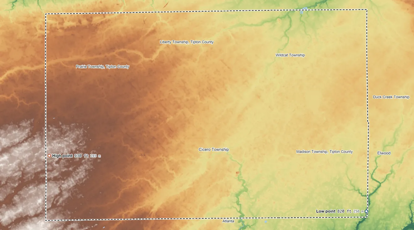 Topographic elevation map of Tipton County, Indiana, shaded from 820 ft on the southeast side to 930 ft on the west side