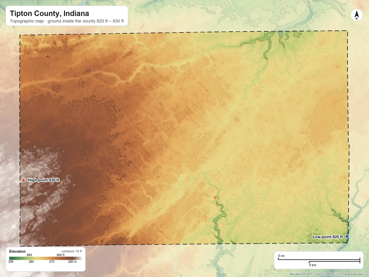 Topographic elevation map of Tipton County, Indiana, shaded from 820 ft on the southeast side to 930 ft on the west side