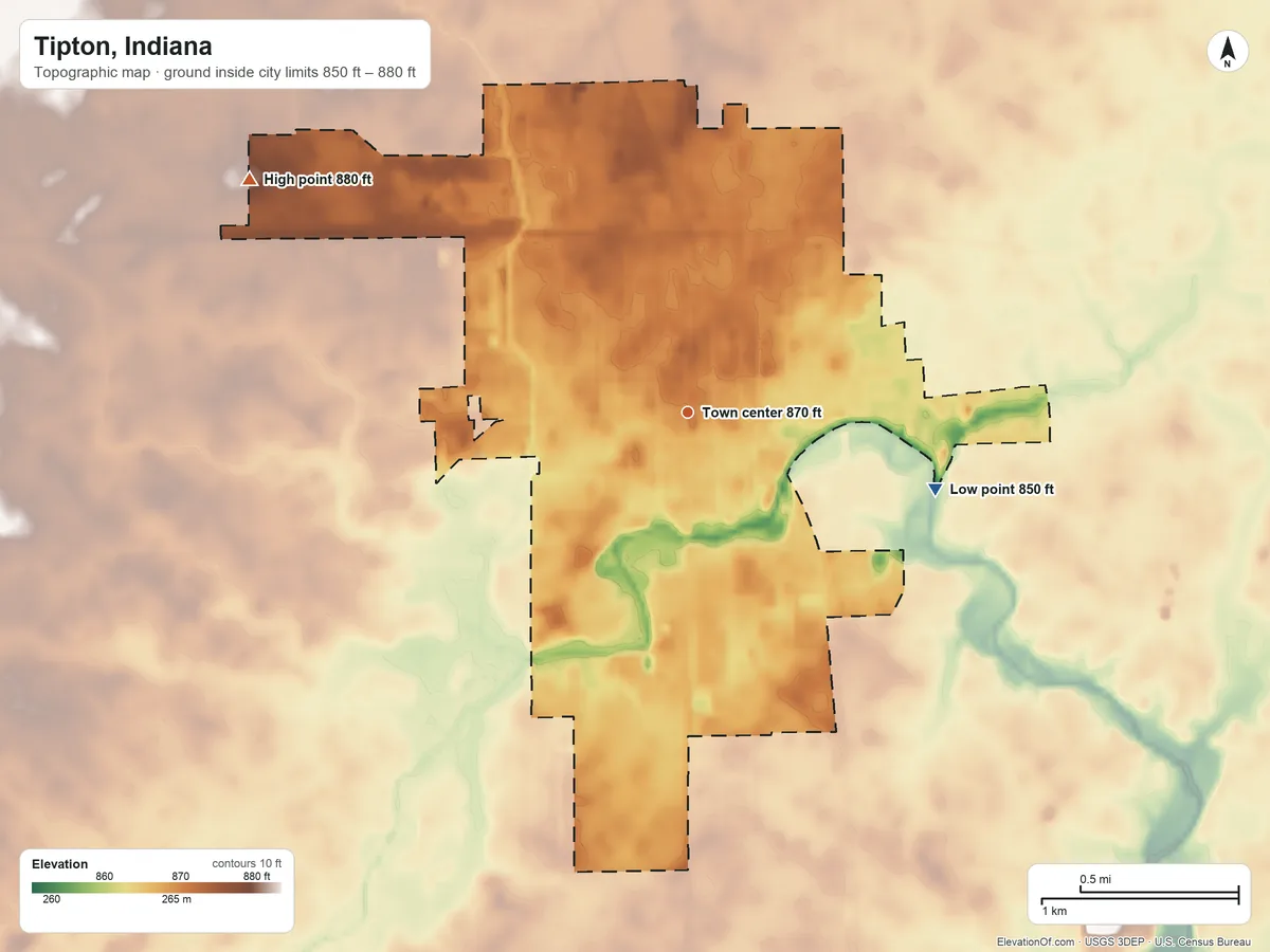 Topographic elevation map of Tipton, Indiana, shaded from 850 ft on the east side to 880 ft on the northwest side