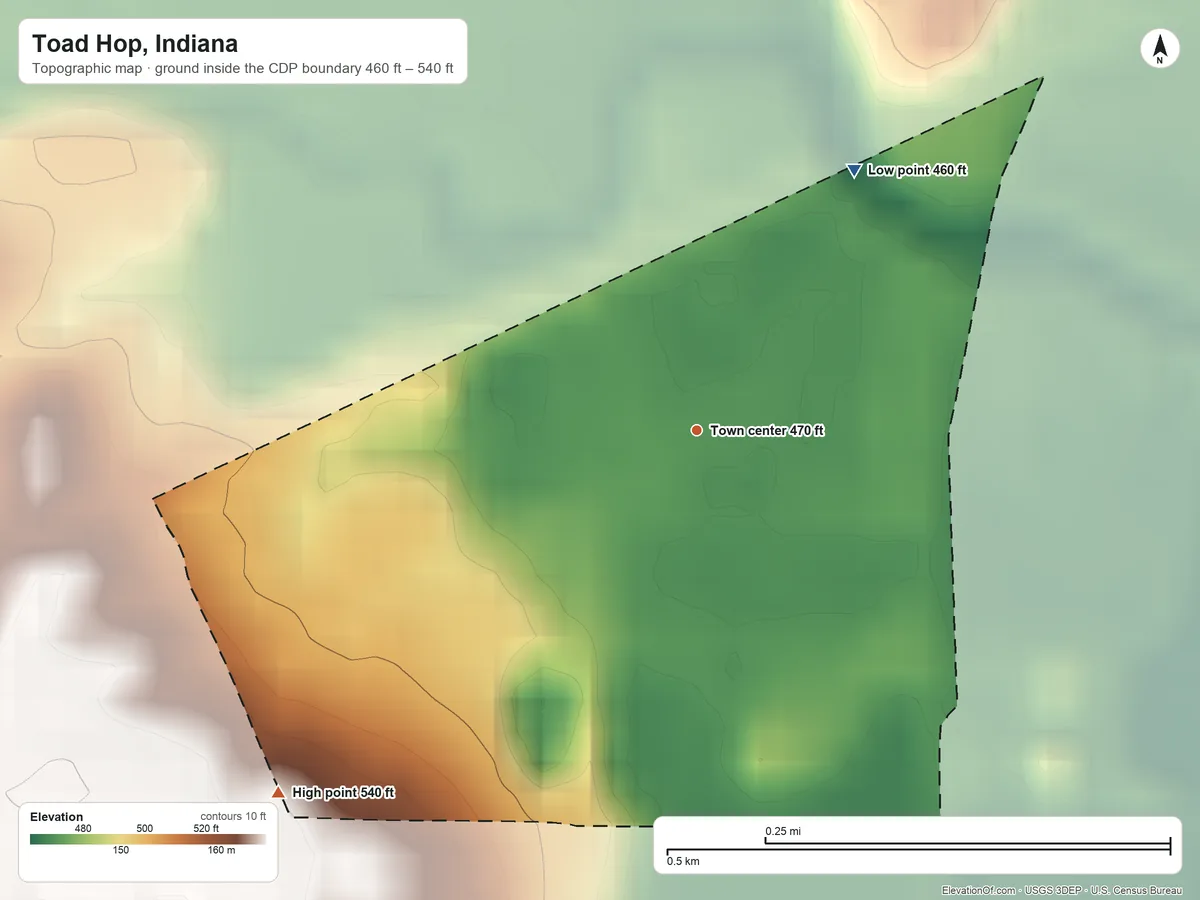 Topographic elevation map of Toad Hop, Indiana, shaded from 460 ft on the northeast side to 540 ft on the southwest side