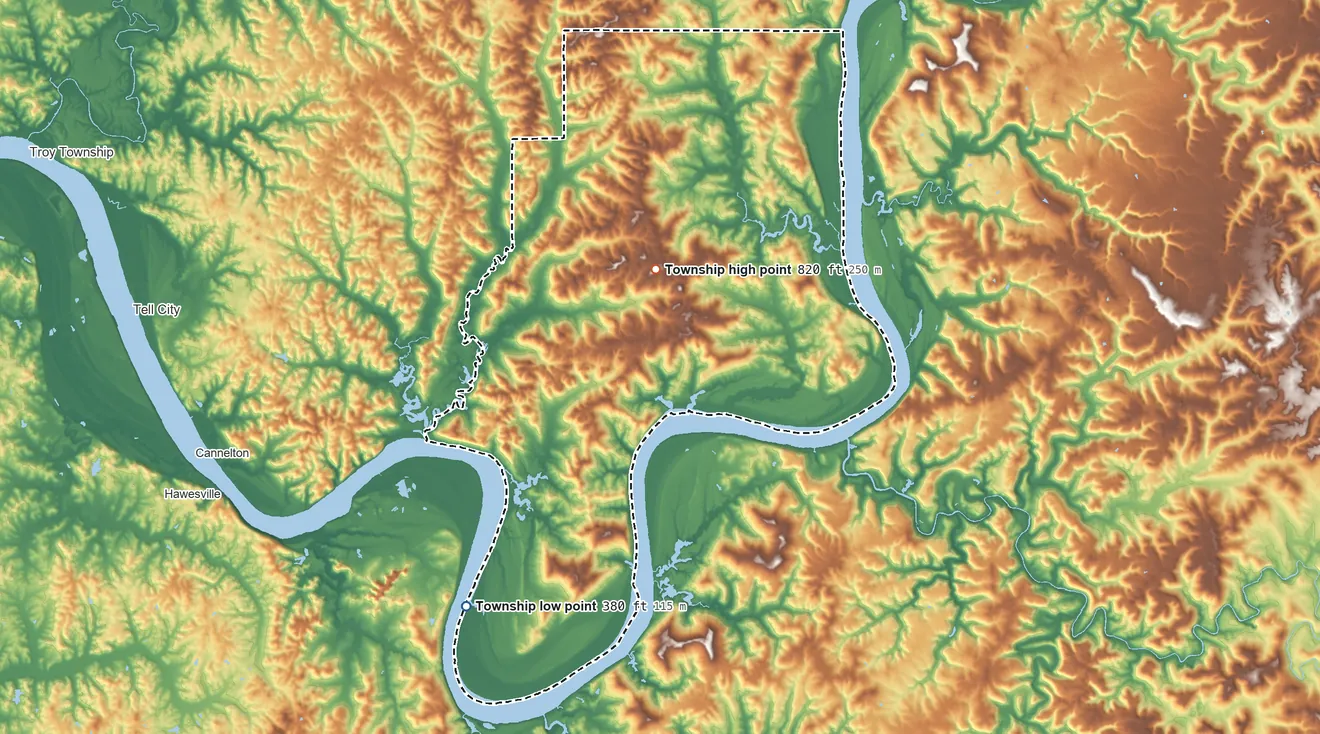 Topographic elevation map of Tobin Township, Indiana, shaded from 380 ft on the southwest side to 820 ft on Plock Knob