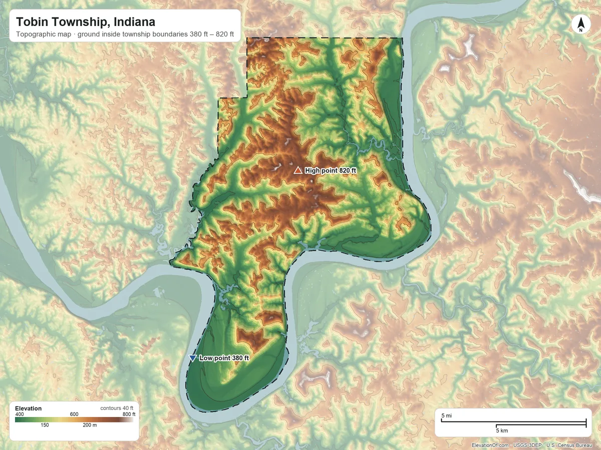 Topographic elevation map of Tobin Township, Indiana, shaded from 380 ft on the southwest side to 820 ft on Plock Knob