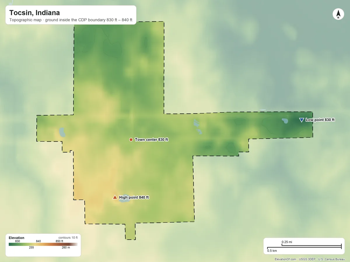 Topographic elevation map of Tocsin, Indiana, shaded from 830 ft on the east side to 840 ft on the south side