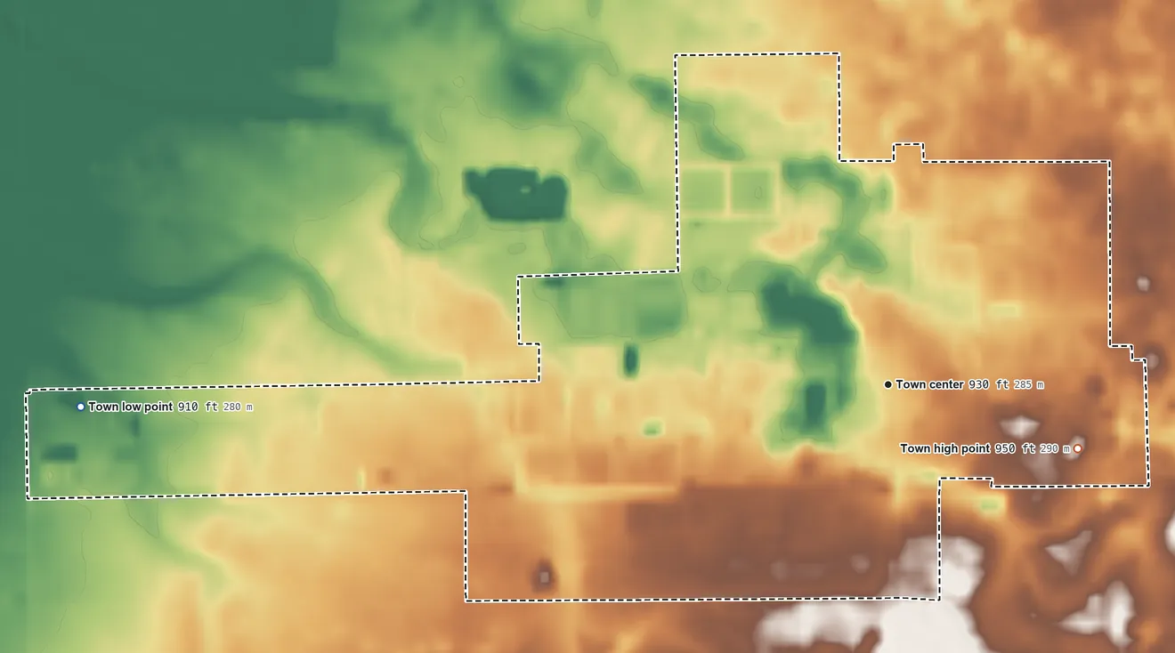 Topographic elevation map of Topeka, Indiana, shaded from 910 ft on the west side to 950 ft on the east side