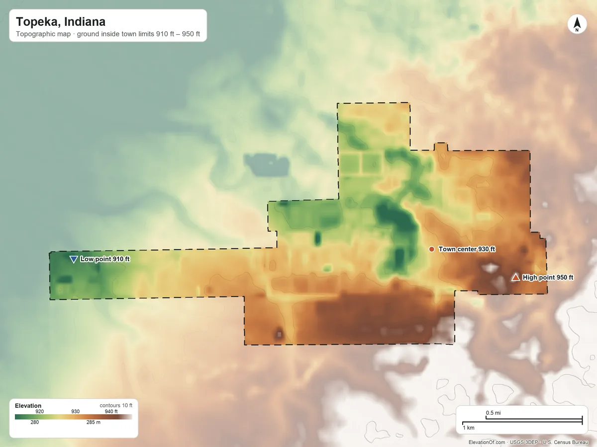 Topographic elevation map of Topeka, Indiana, shaded from 910 ft on the west side to 950 ft on the east side