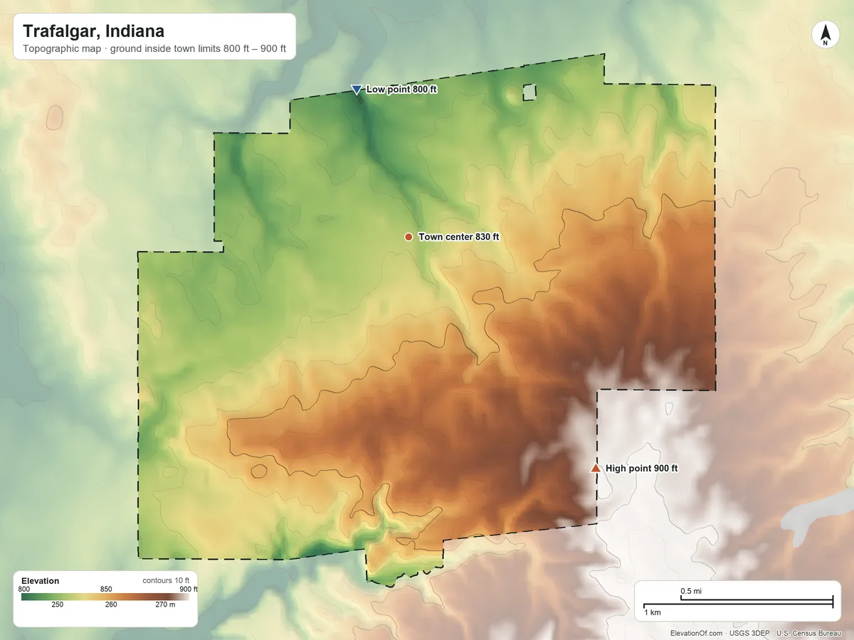 Topographic elevation map of Trafalgar, Indiana, shaded from 800 ft on the north side to 900 ft on the southeast side
