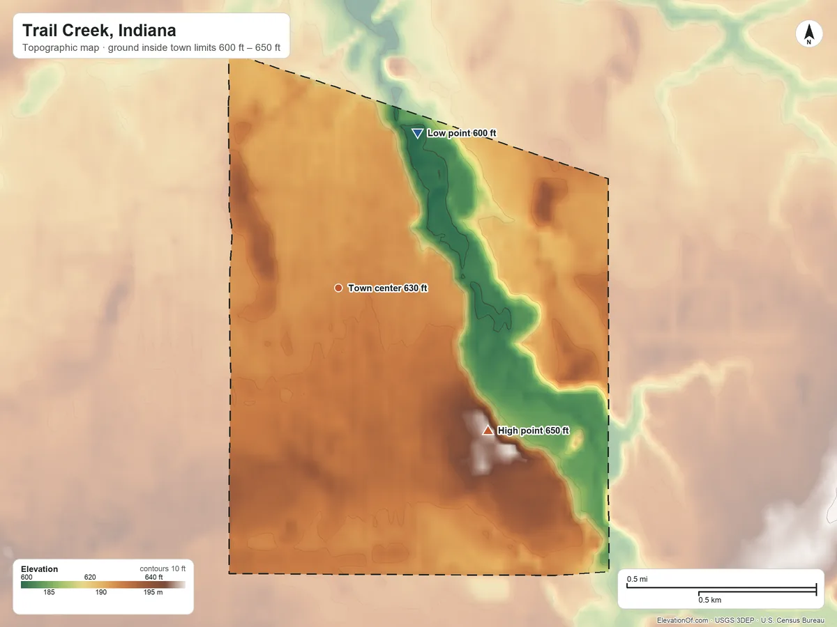 Topographic elevation map of Trail Creek, Indiana, shaded from 600 ft on the northeast side to 650 ft on the southeast side