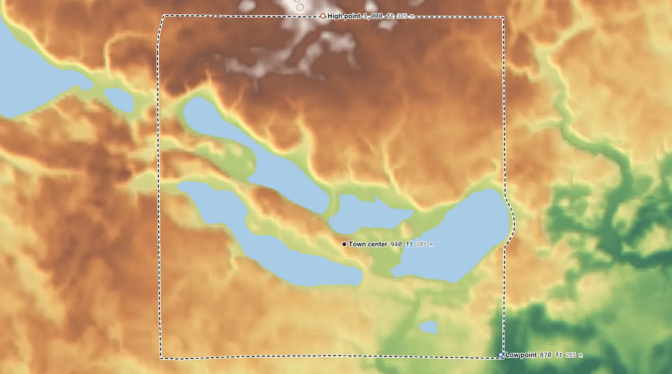 Topographic elevation map of Tri-Lakes, Indiana, shaded from 870 ft on the southeast side to 1,000 ft on the north side