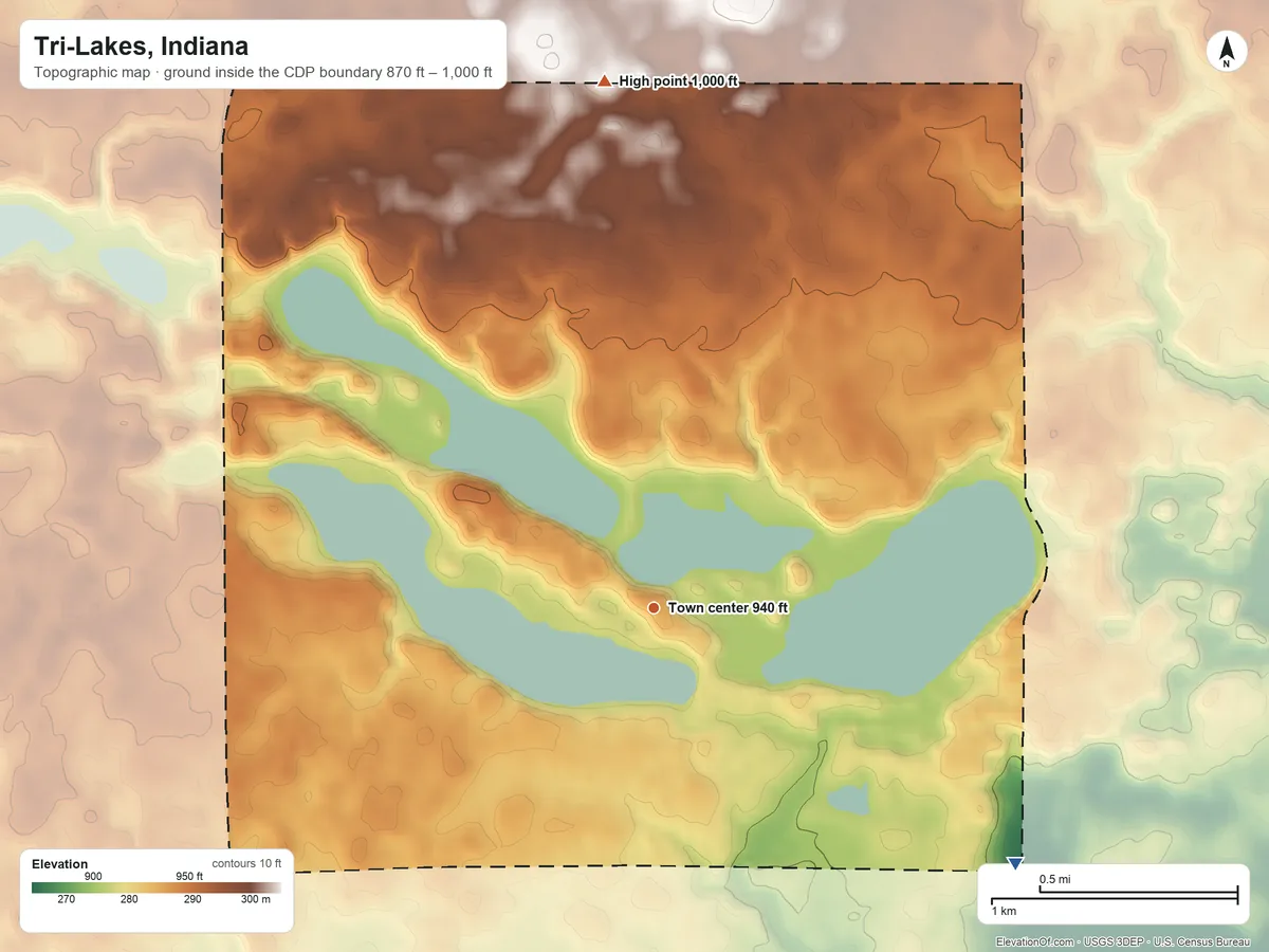 Topographic elevation map of Tri-Lakes, Indiana, shaded from 870 ft on the southeast side to 1,000 ft on the north side