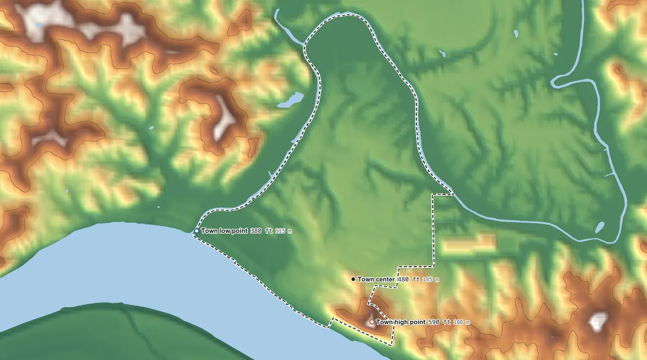 Topographic elevation map of Troy, Indiana, shaded from 380 ft on the west side to 590 ft on the southeast side