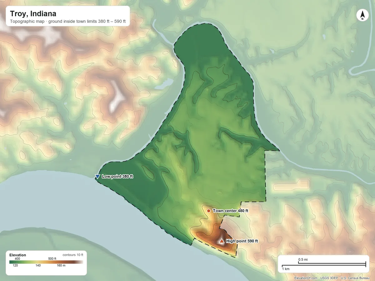 Topographic elevation map of Troy, Indiana, shaded from 380 ft on the west side to 590 ft on the southeast side