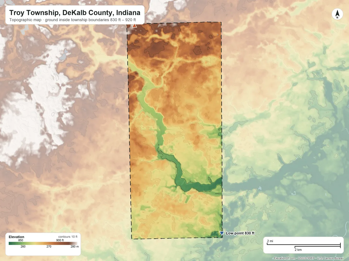 Topographic elevation map of Troy Township, DeKalb County, Indiana, shaded from 830 ft on the southeast side to 920 ft on the north side