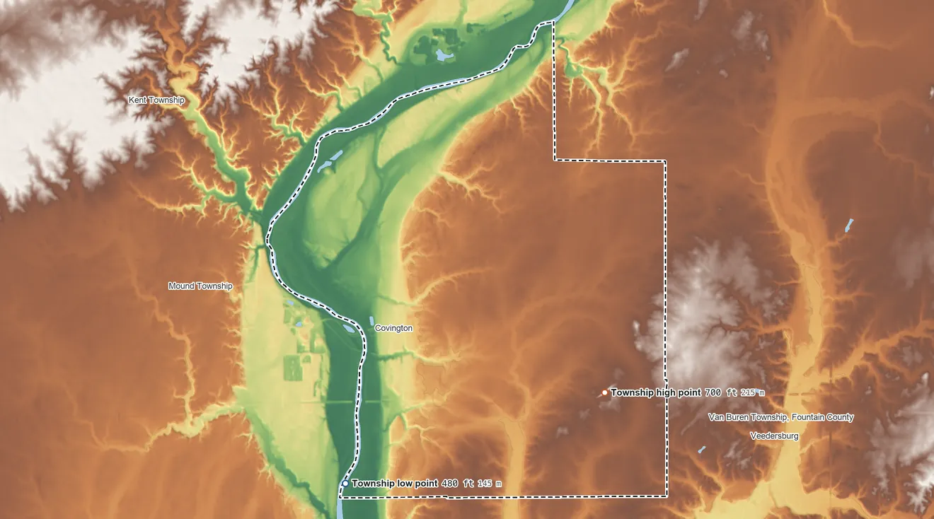 Topographic elevation map of Troy Township, Fountain County, Indiana, shaded from 480 ft on the southwest side to 700 ft on the east side