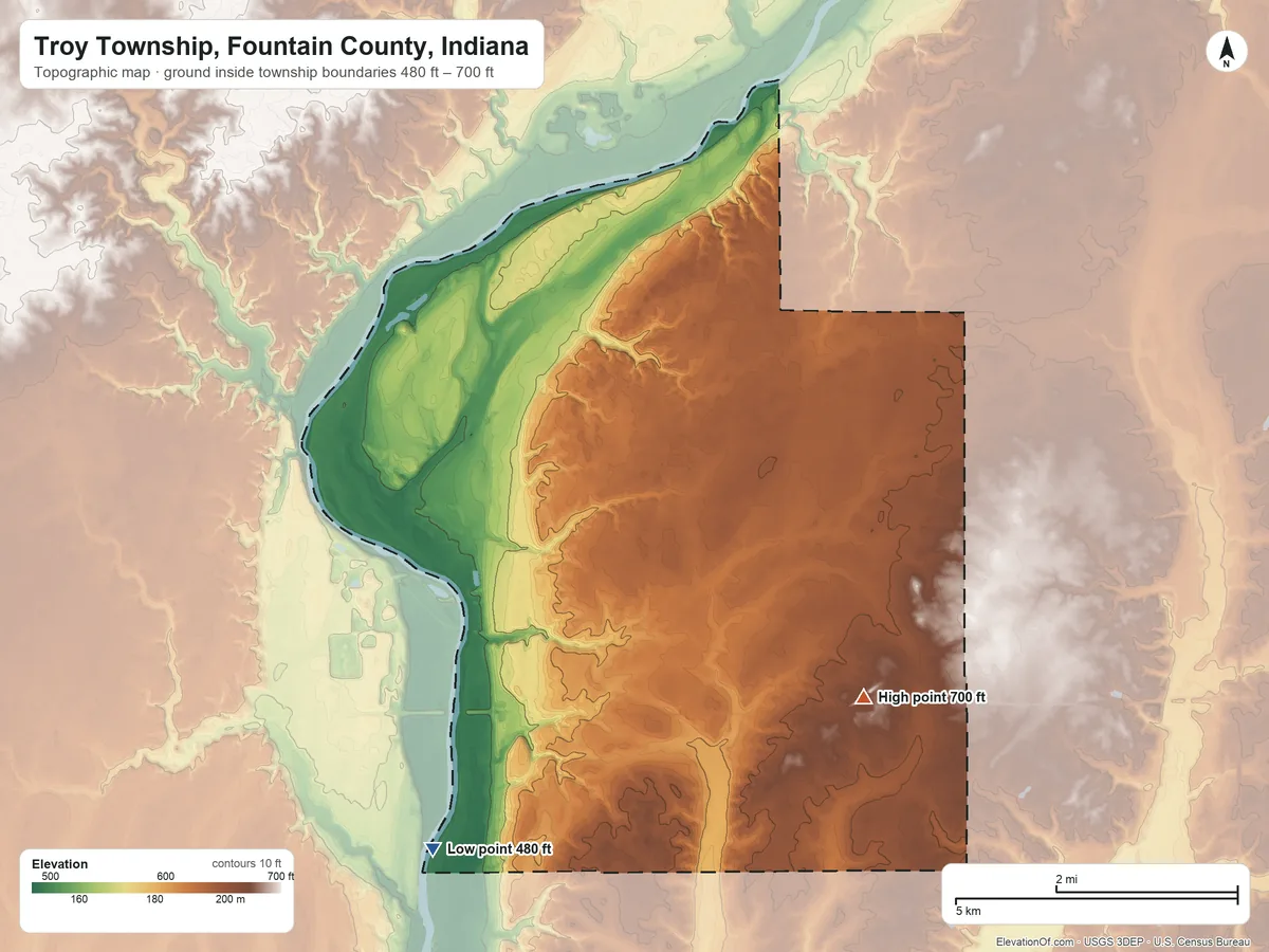 Topographic elevation map of Troy Township, Fountain County, Indiana, shaded from 480 ft on the southwest side to 700 ft on the east side