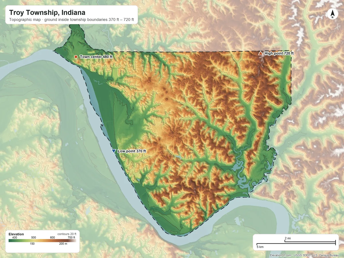 Topographic elevation map of Troy Township, Indiana, shaded from 370 ft on the south side to 720 ft on the east side