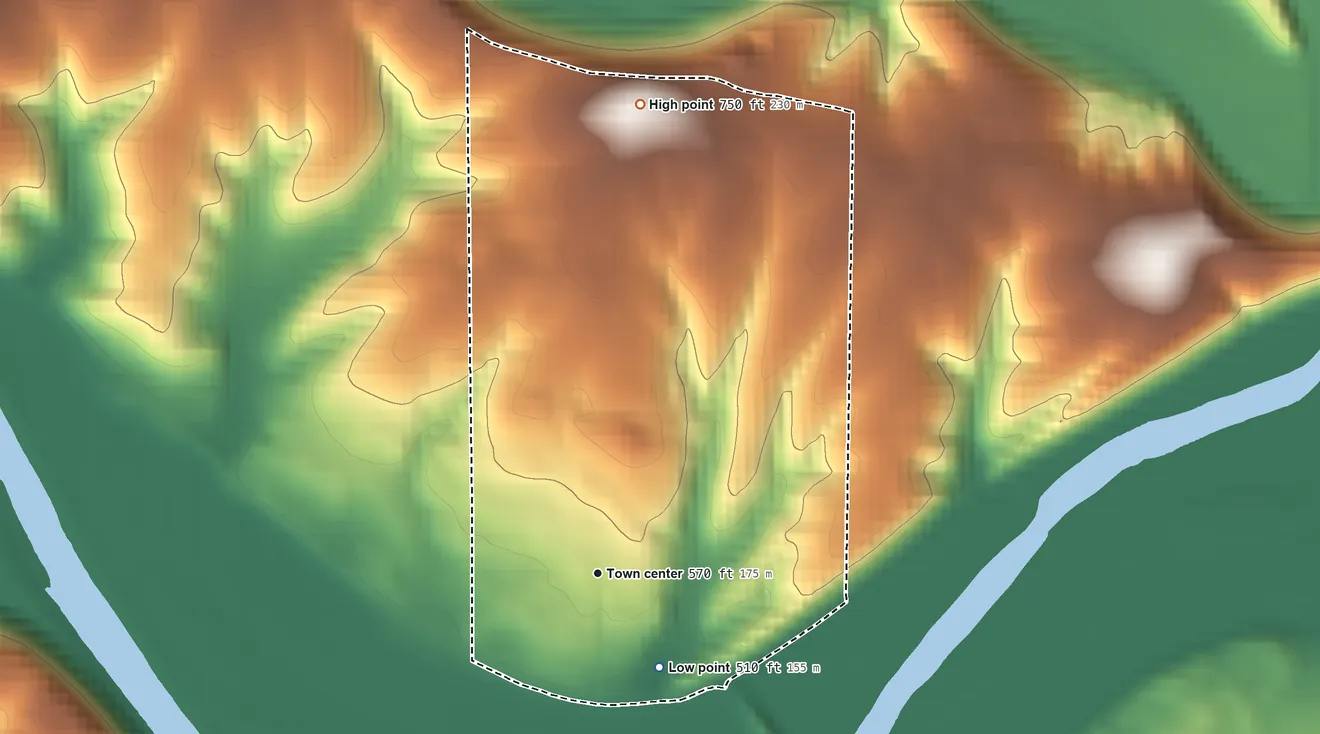 Topographic elevation map of Tunnelton, Indiana, shaded from 510 ft on the southeast side to 750 ft on the north side