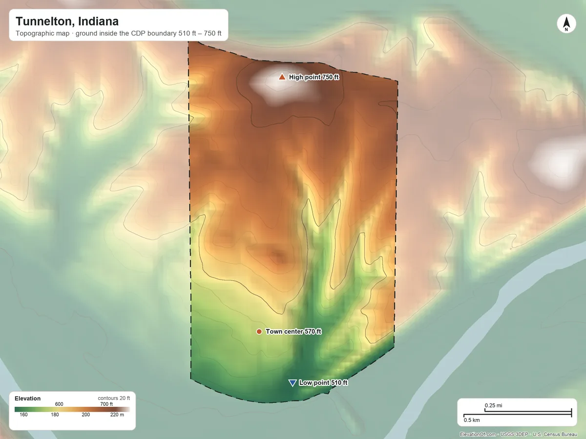 Topographic elevation map of Tunnelton, Indiana, shaded from 510 ft on the southeast side to 750 ft on the north side