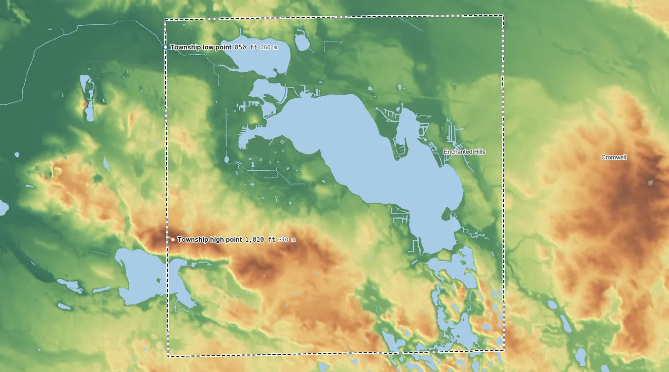 Topographic elevation map of Turkey Creek Township, Indiana, shaded from 850 ft on the northwest side to 1,020 ft on the southwest side