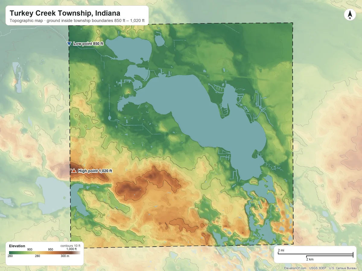 Topographic elevation map of Turkey Creek Township, Indiana, shaded from 850 ft on the northwest side to 1,020 ft on the southwest side