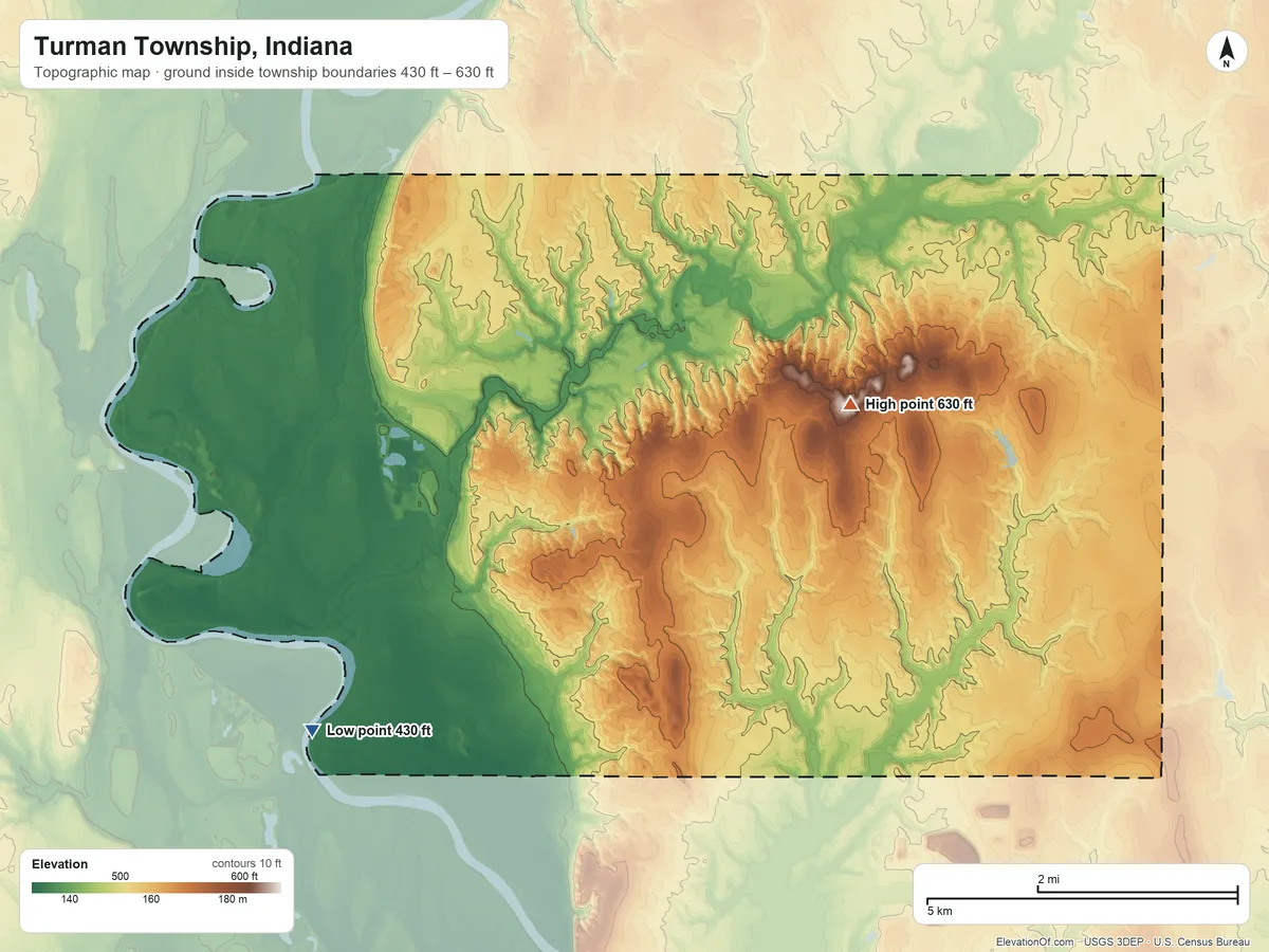 Topographic elevation map of Turman Township, Indiana, shaded from 430 ft on the southwest side to 630 ft on Ladd Hill