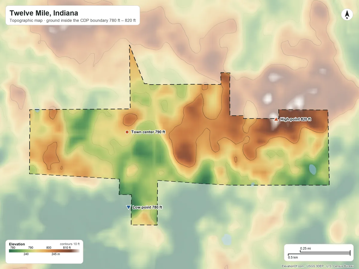 Topographic elevation map of Twelve Mile, Indiana, shaded from 780 ft on the south side to 820 ft on the east side
