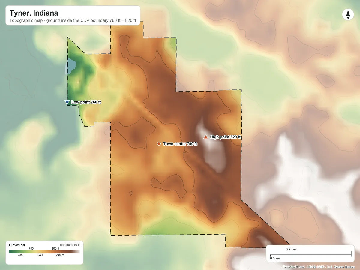 Topographic elevation map of Tyner, Indiana, shaded from 760 ft on the northwest side to 820 ft on the east side