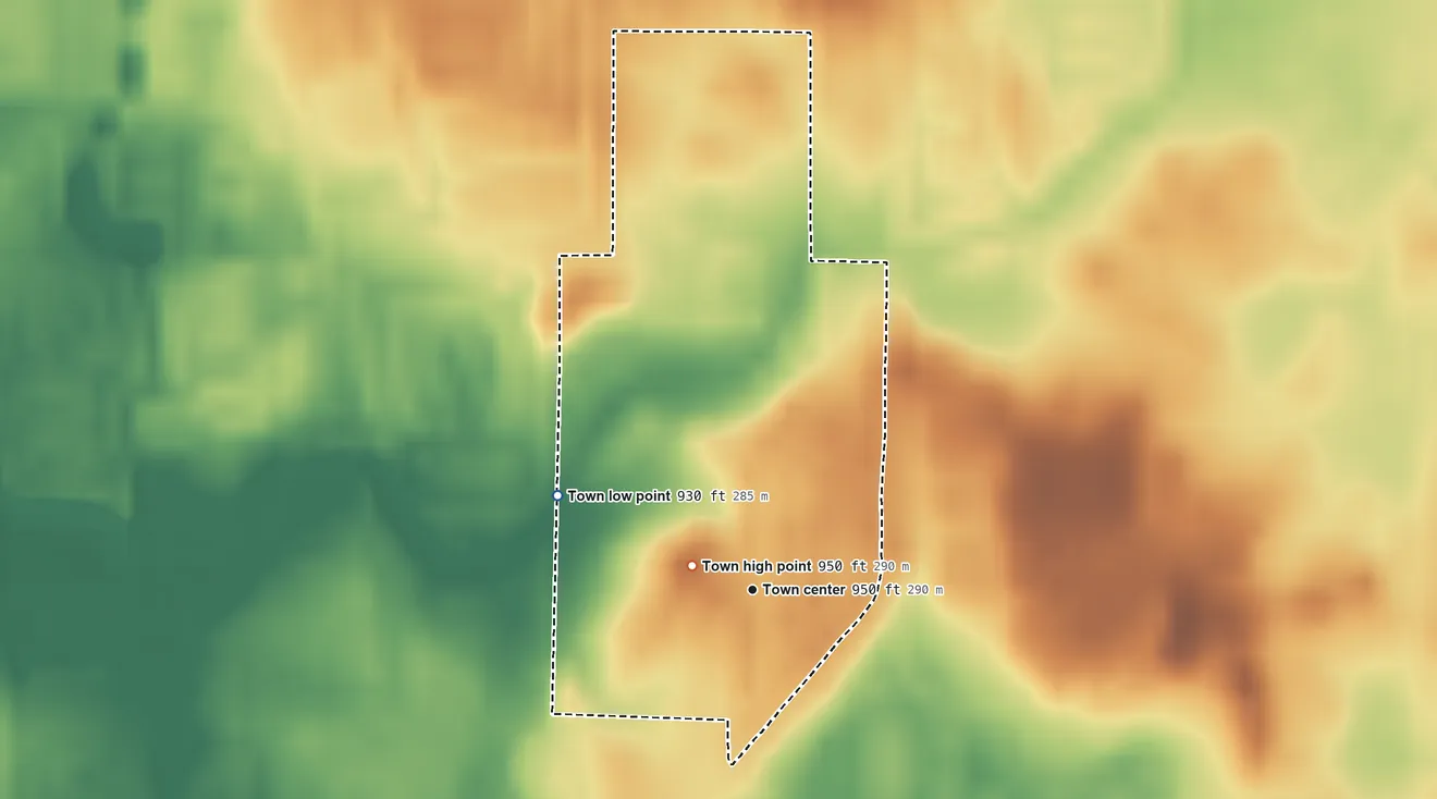 Topographic elevation map of Ulen, Indiana, shaded from 930 ft on the northwest side to 950 ft near the middle