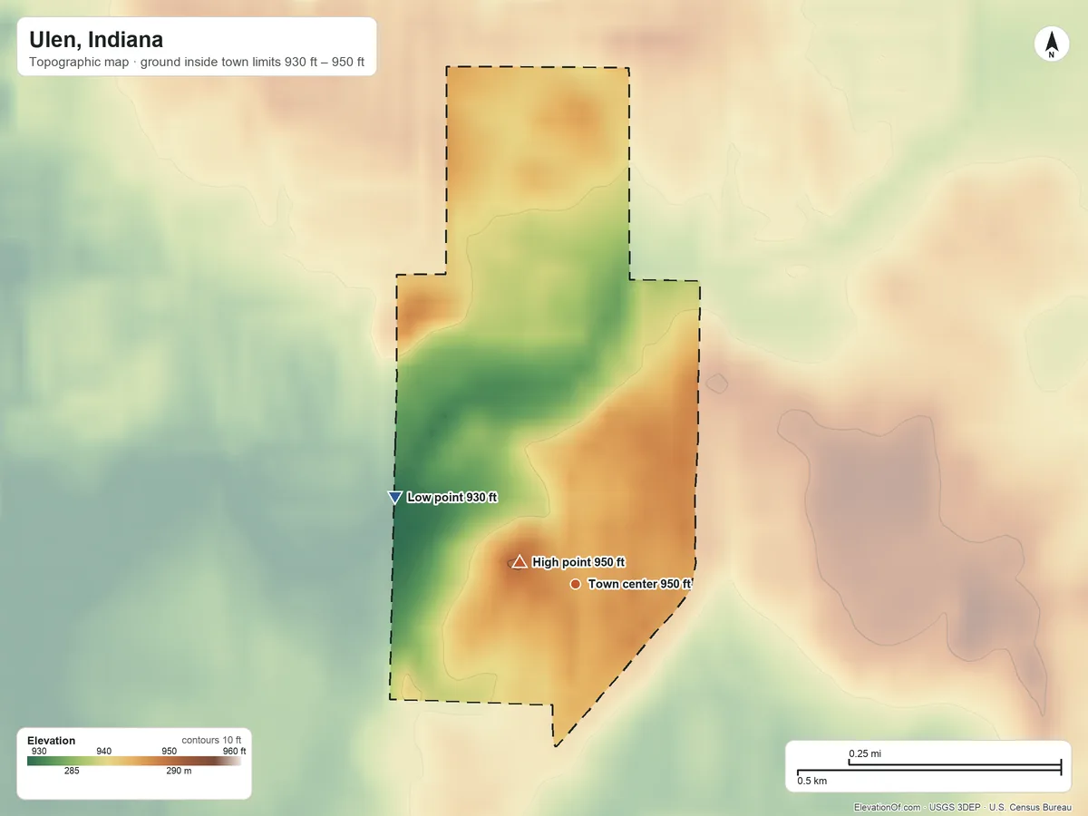 Topographic elevation map of Ulen, Indiana, shaded from 930 ft on the northwest side to 950 ft near the middle