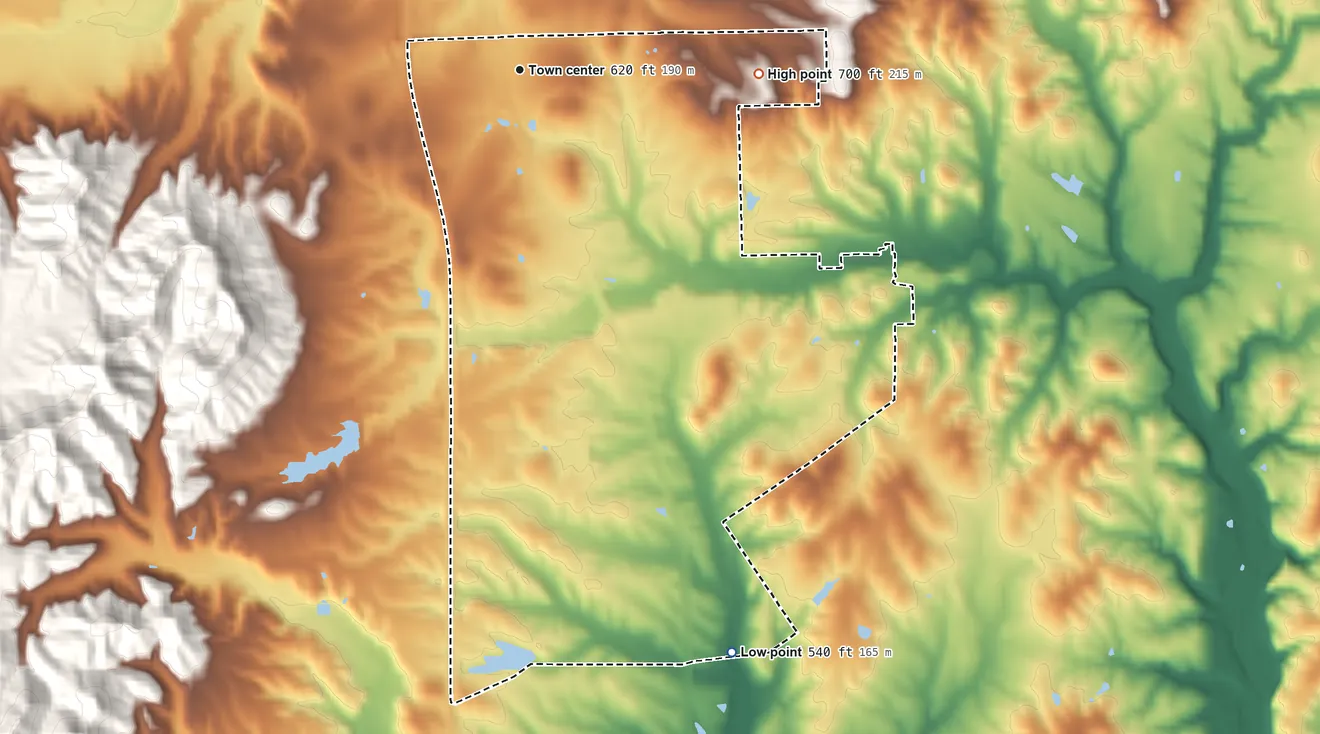 Topographic elevation map of Underwood, Indiana, shaded from 540 ft on the south side to 700 ft on the east side