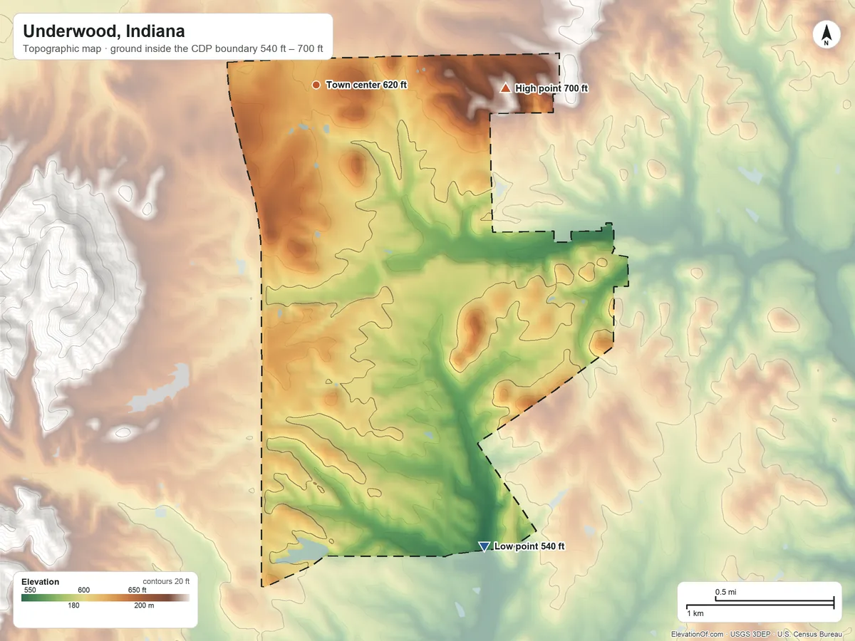 Topographic elevation map of Underwood, Indiana, shaded from 540 ft on the south side to 700 ft on the east side