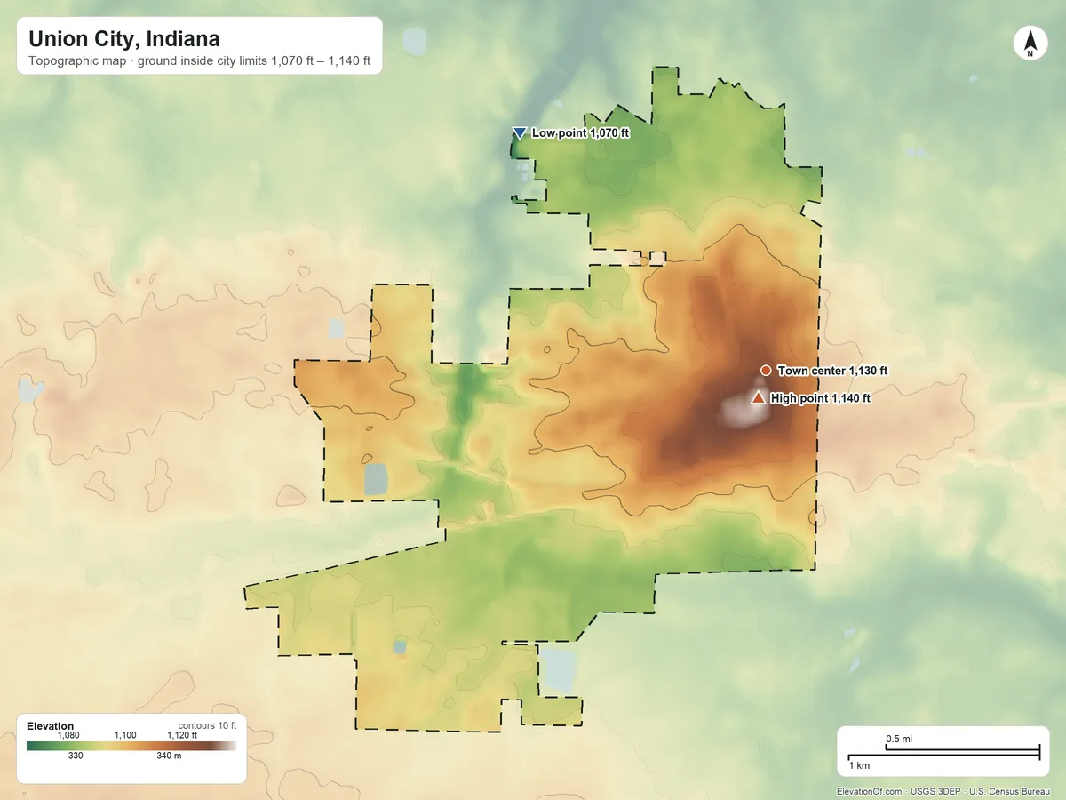 Topographic elevation map of Union City, Indiana, shaded from 1,070 ft on the northwest side to 1,140 ft near the middle