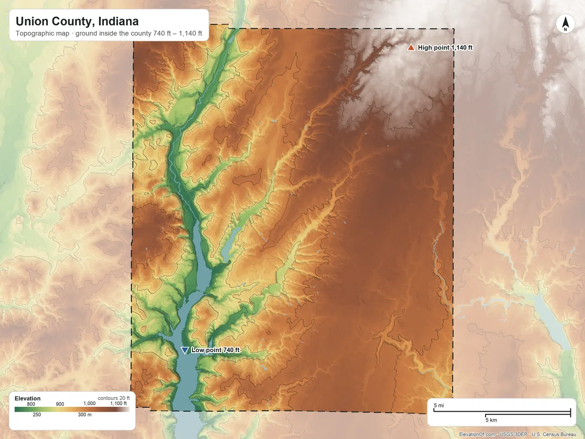 Topographic elevation map of Union County, Indiana, shaded from 740 ft on the southwest side to 1,140 ft on the northeast side
